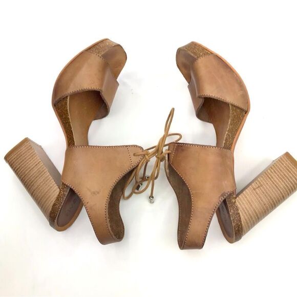 Five Worlds Brown Leather Lace Tie Stacked Heel Platform Sandals - Picture 4 of 16